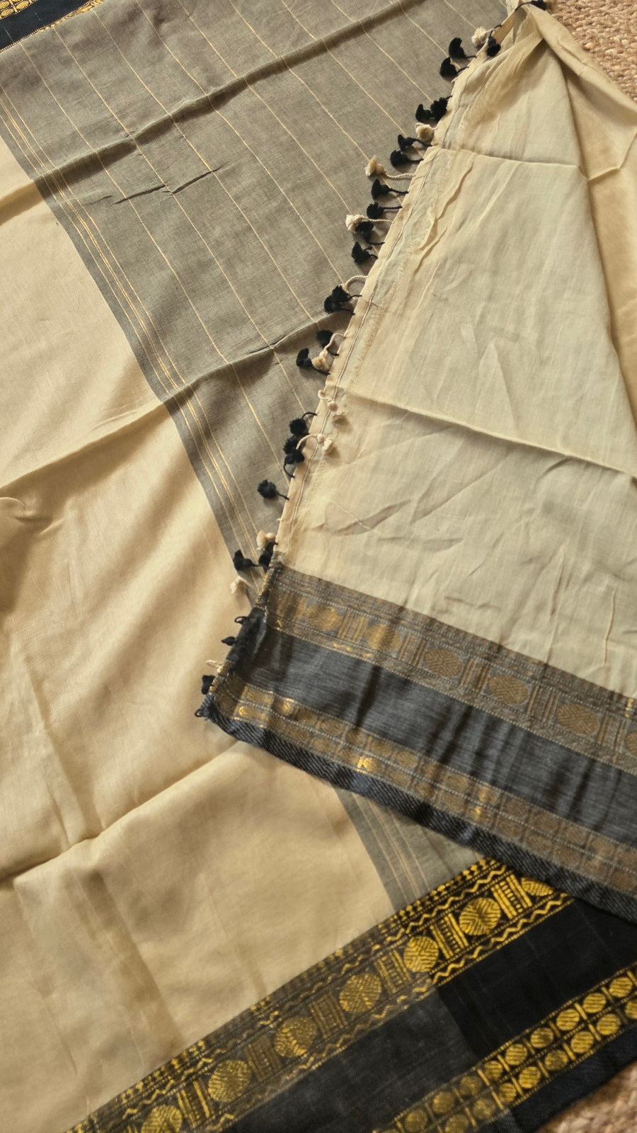Cream Kanchipuram Handloom Cotton Saree with Grey Striped Pallu and Black Border