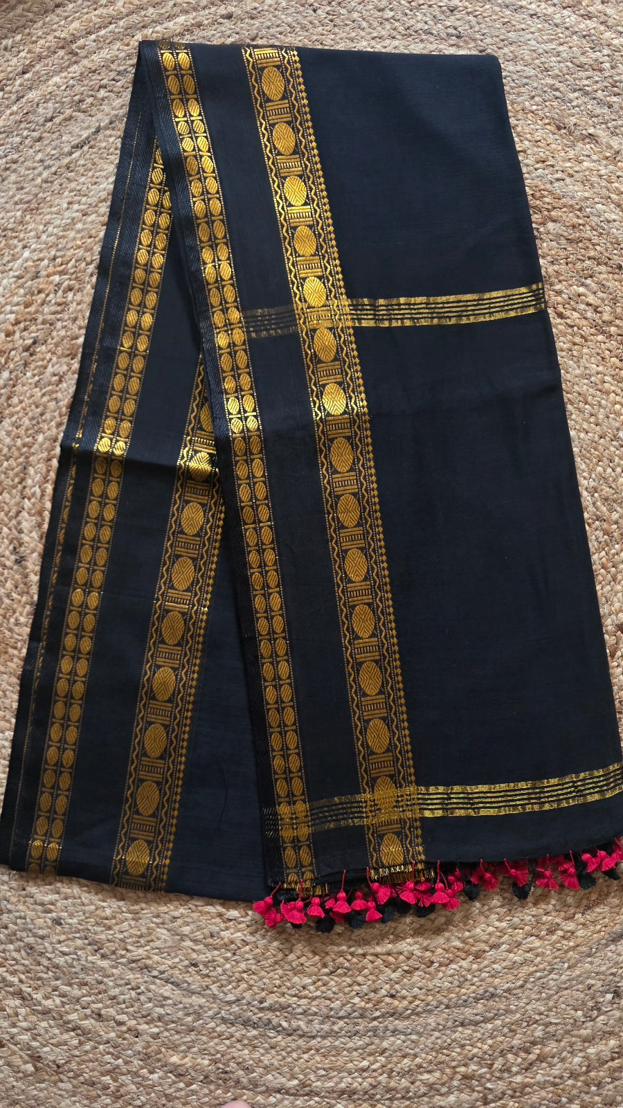 Black Kanchipuram Handloom Cotton Saree with Gold Thread Border