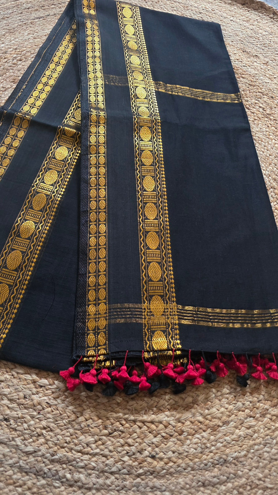 Black Kanchipuram Handloom Cotton Saree with Gold Thread Border