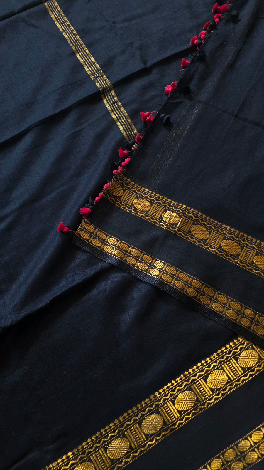 Black Kanchipuram Handloom Cotton Saree with Gold Thread Border