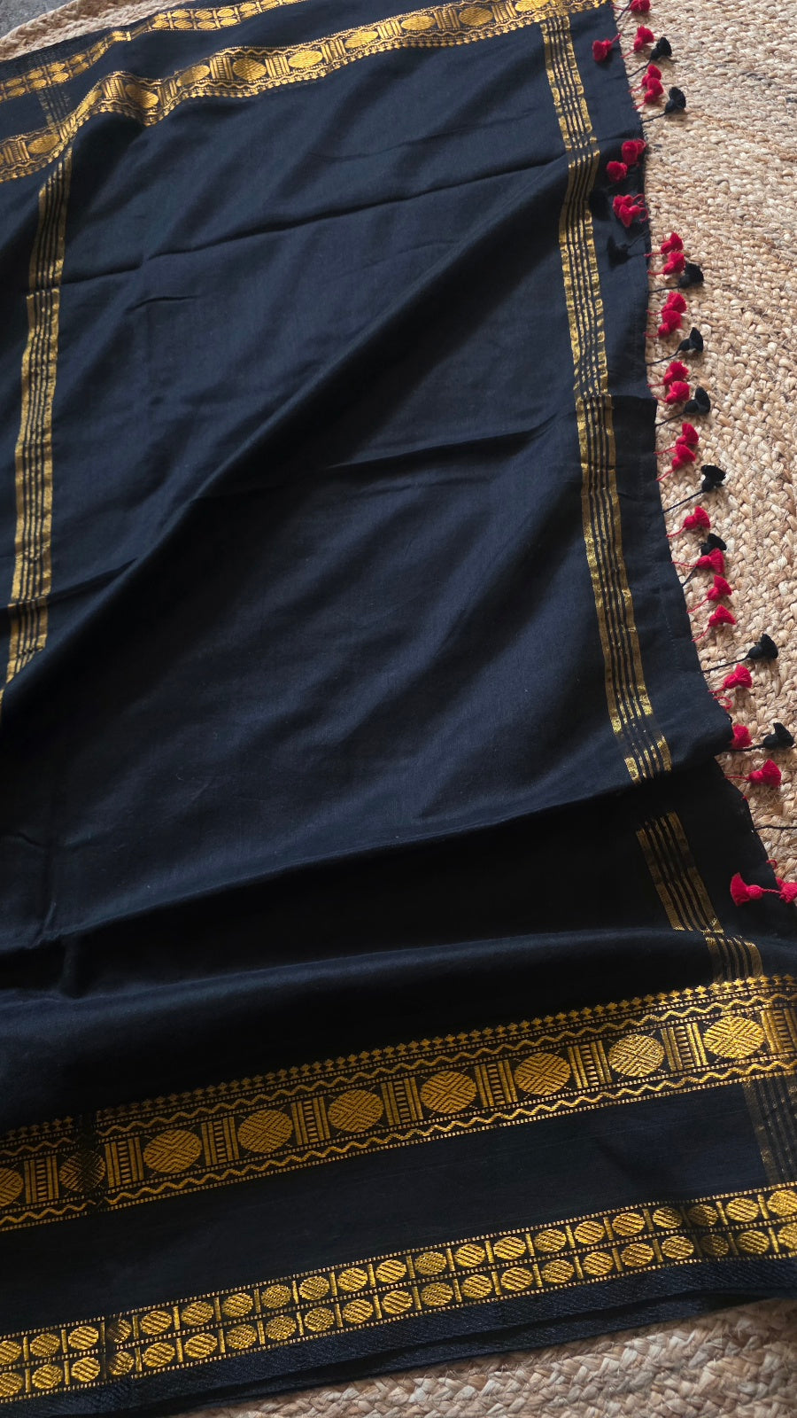 Black Kanchipuram Handloom Cotton Saree with Gold Thread Border