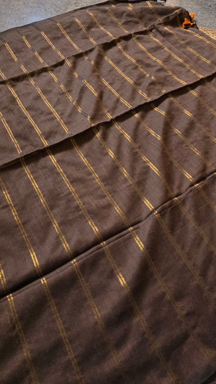Dark Brown Khadi Cotton Saree with Bronze Zari Stripes and Mustard Tassels