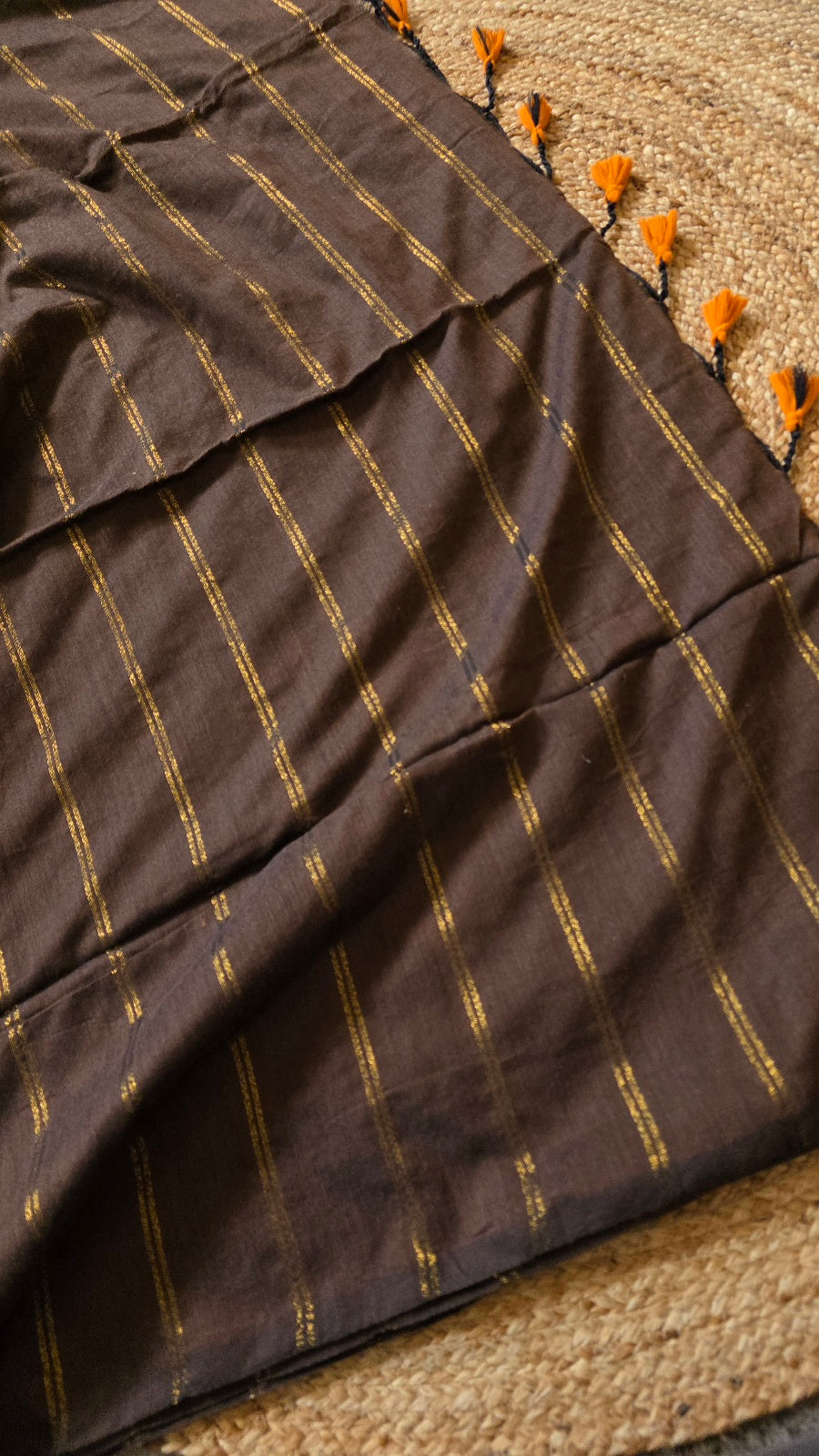 Dark Brown Khadi Cotton Saree with Bronze Zari Stripes and Mustard Tassels