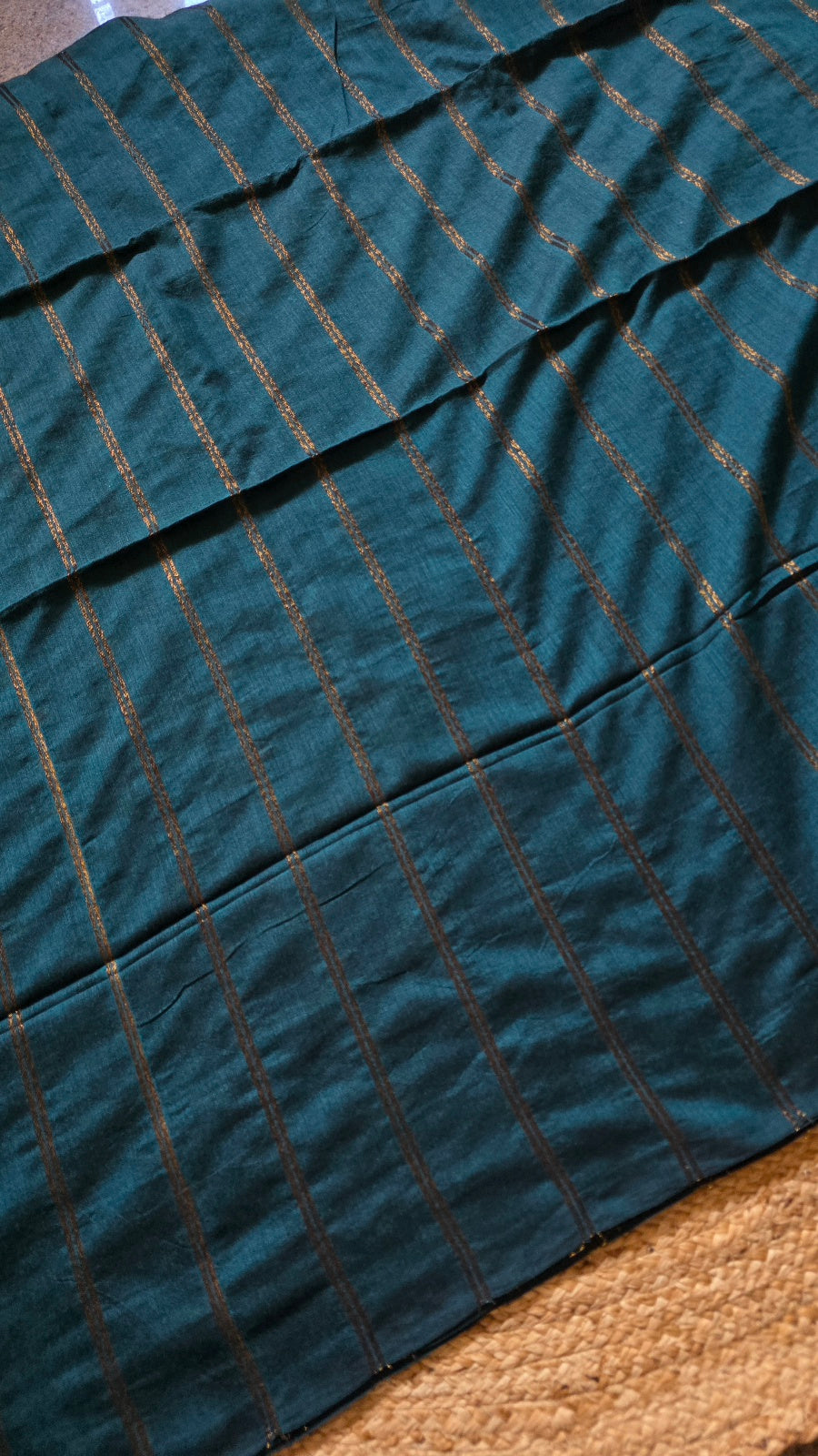 Teal Khadi Cotton Saree with Bronze Zari Stripes and Tassel Pallu