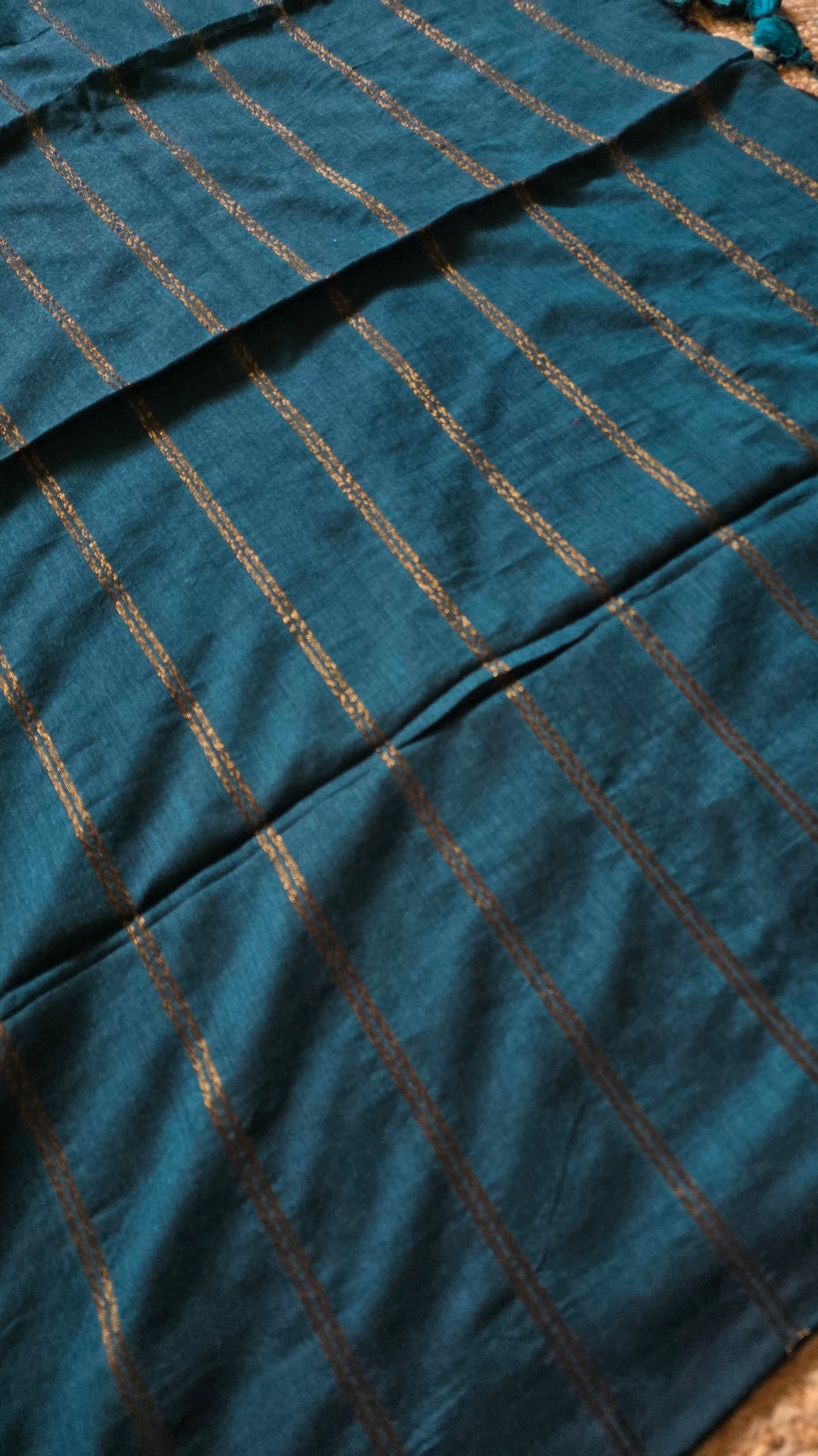 Teal Khadi Cotton Saree with Bronze Zari Stripes and Tassel Pallu