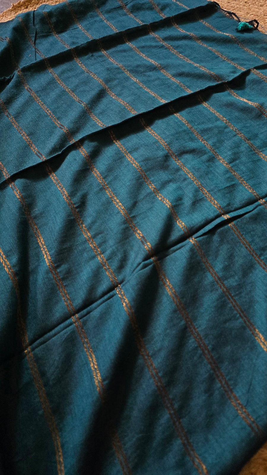 Teal Khadi Cotton Saree with Bronze Zari Stripes and Tassel Pallu