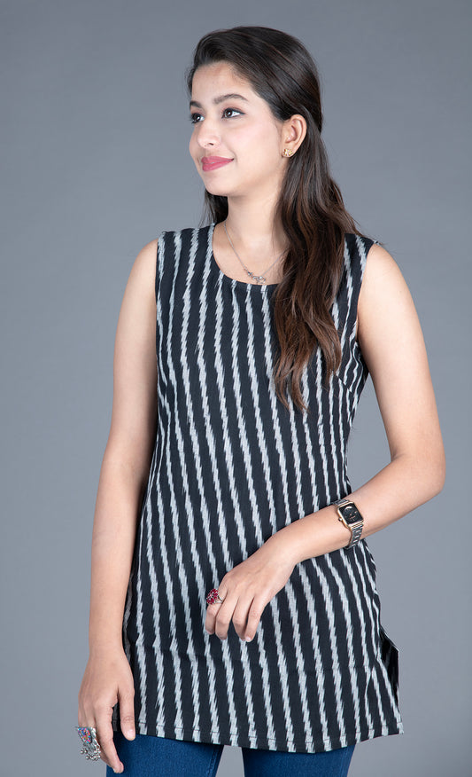 Black Ikat Short Kurta (Sleevless)