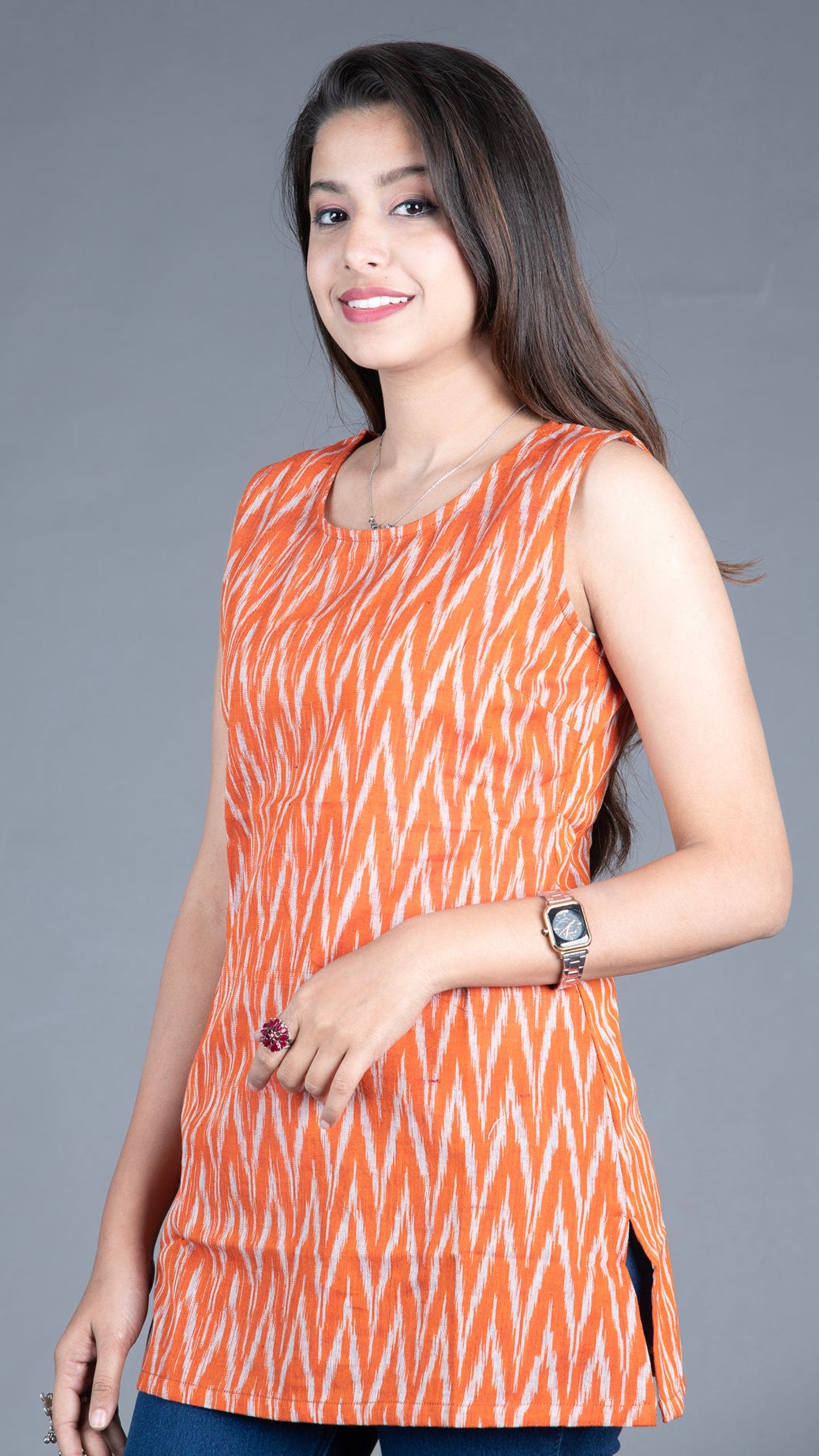 Orange Ikat Short Kurta (Sleeveless)