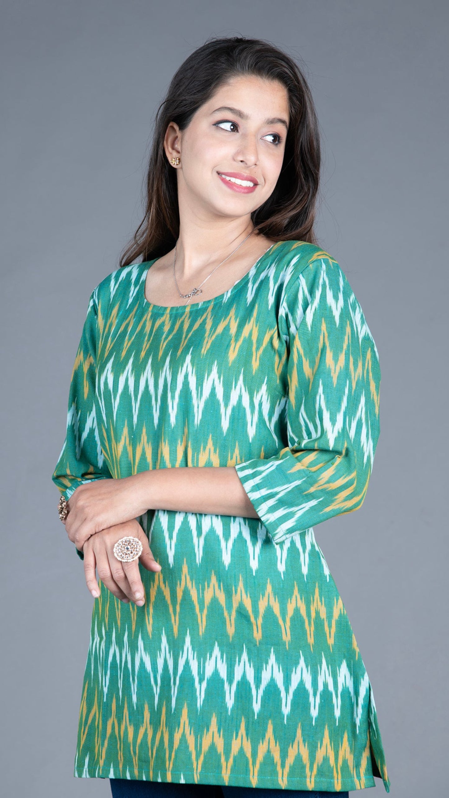 Green (yellow& white) Ikat Short Kurta