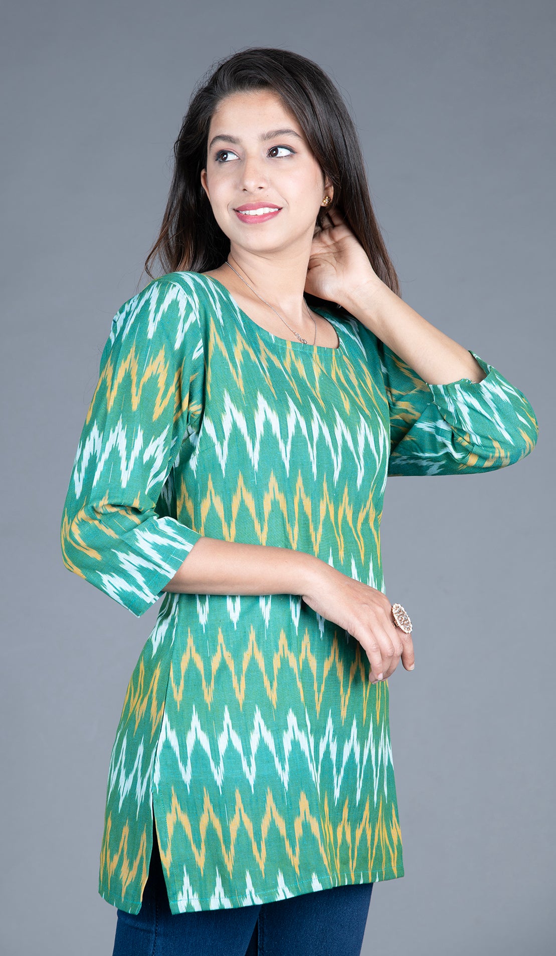 Green (yellow& white) Ikat Short Kurta