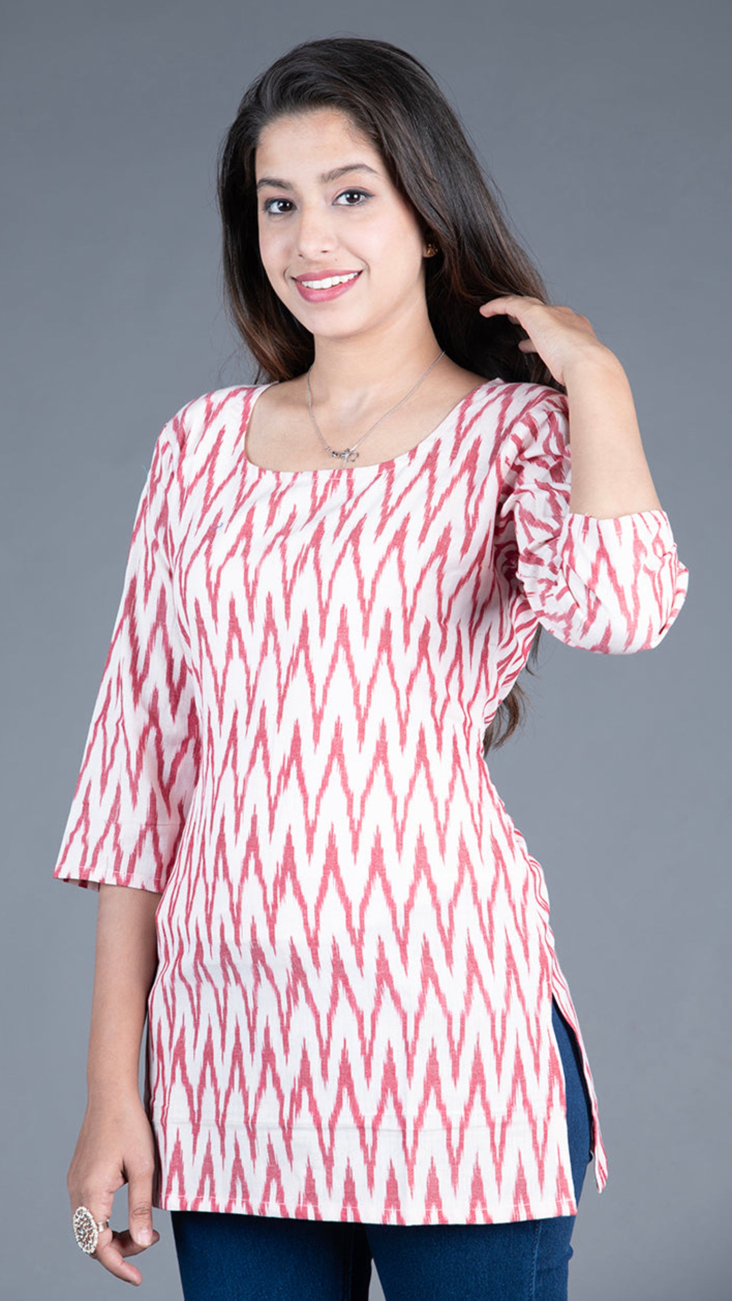Red & White Ikat Short Kurta