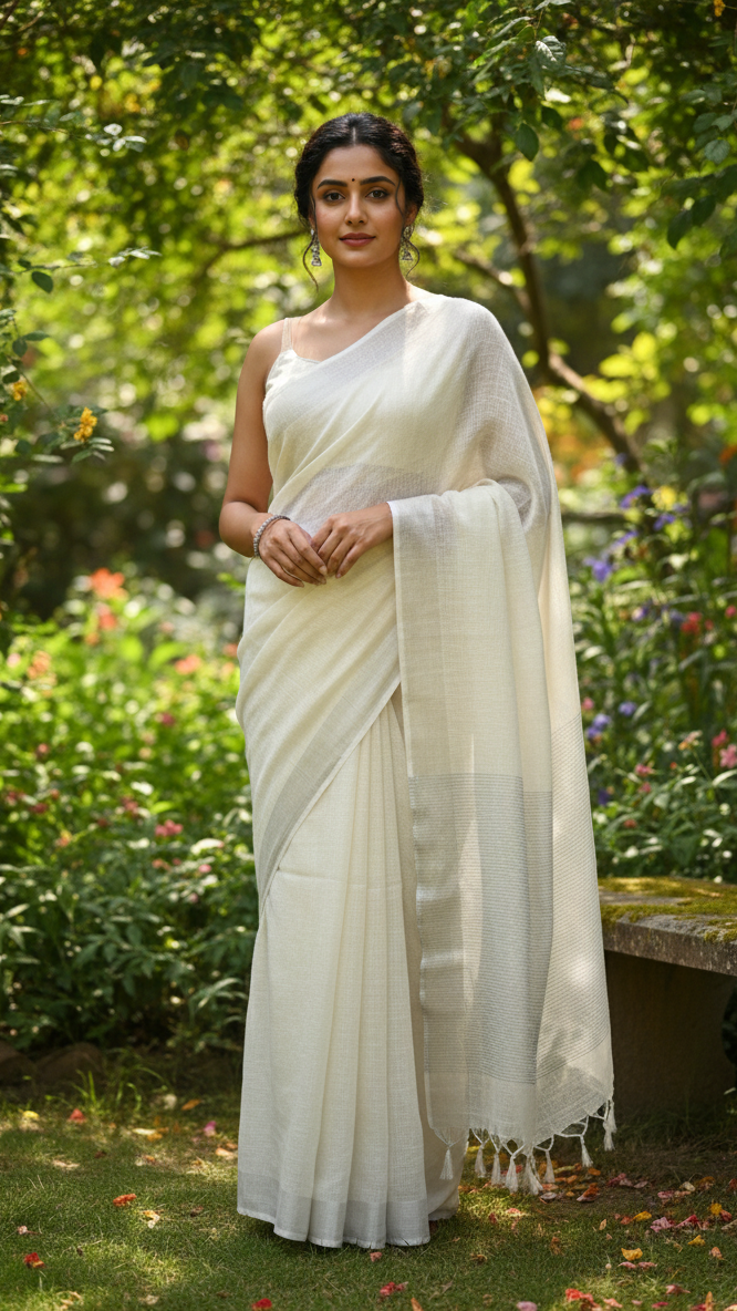 Off-White Handloom Linen Saree with Silver Striped Pallu