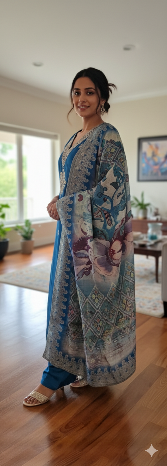 Blue-Zari Party Wear Salwar Set (3 Piece)