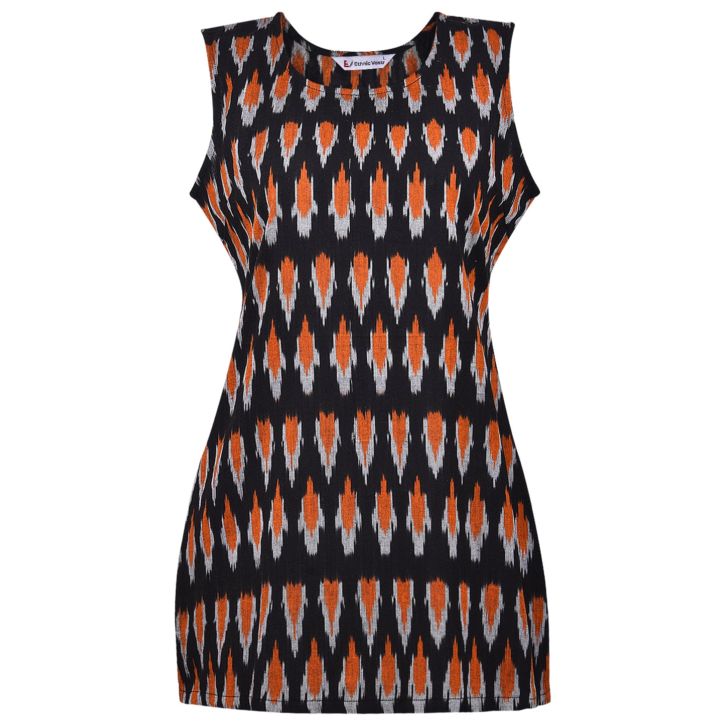 Black & Orange Ikat Short Kurta (Sleevless)