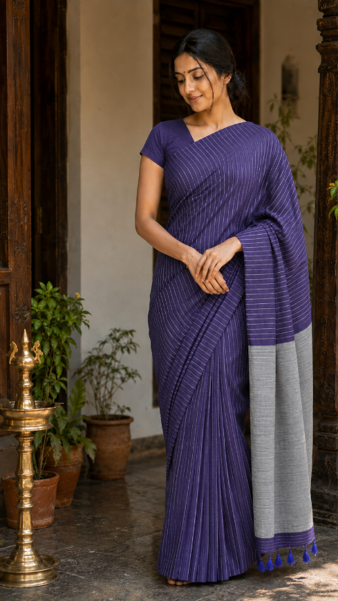 Purple Khadi Cotton Saree with Silver Zari Stripes and Grey Pallu