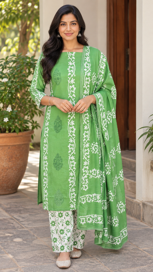 Green Hand Batik Handloom Cotton Dress Material with Embroidered Buttas (3 Piece)