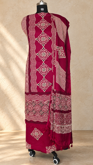 Maroon Ajrakh Modal Silk Dress Material with Diamond Medallions and Wave Stripes – Hand-Block Printed in Kutch (3 Piece)