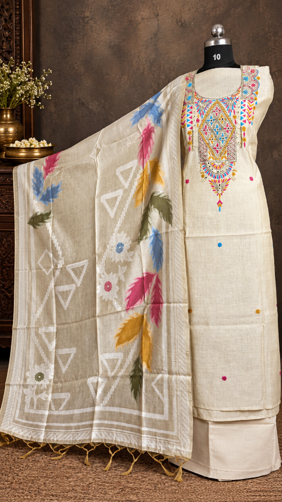 Cream Chanderi Cotton Silk Dress Material with Hand-Embroidered Mirror Work (3 Piece)
