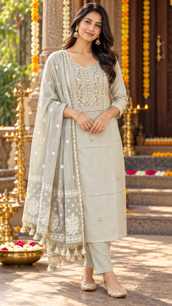 Cream Chanderi Cotton Silk Dress Material with Hand-Embroidered Yoke and Woven Swan Dupatta (3 Piece)