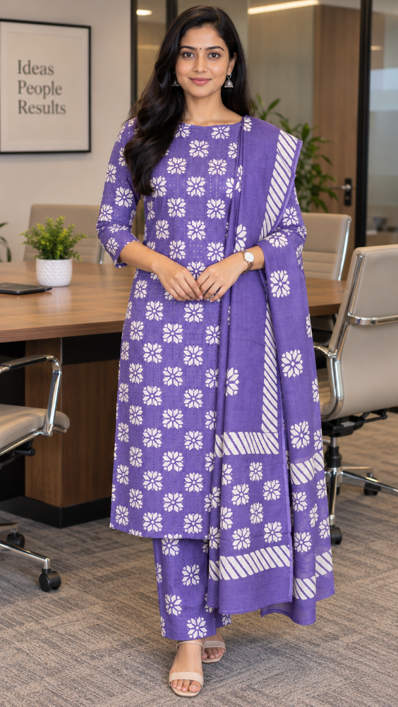 Lavender Hakoba Cotton Dress Material with Hand Block Print (3 Piece)