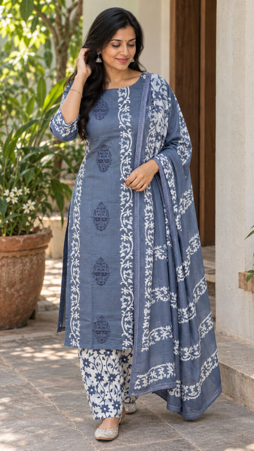 Dark Grey Hand Batik Handloom Cotton Dress Material (3 Piece)