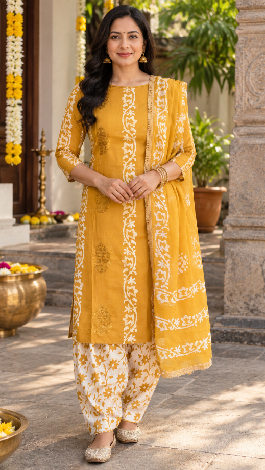 Mustard Hand Batik Handloom Cotton Dress Material with Embroidered Buttas (3 Piece)
