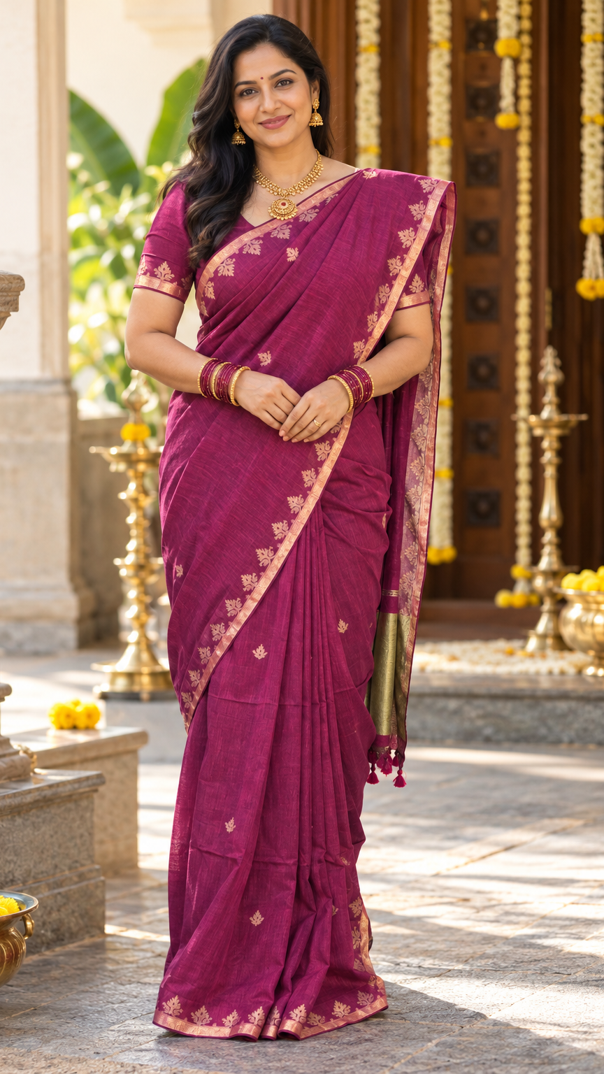Magenta Handloom Cotton Saree with Leaf Border