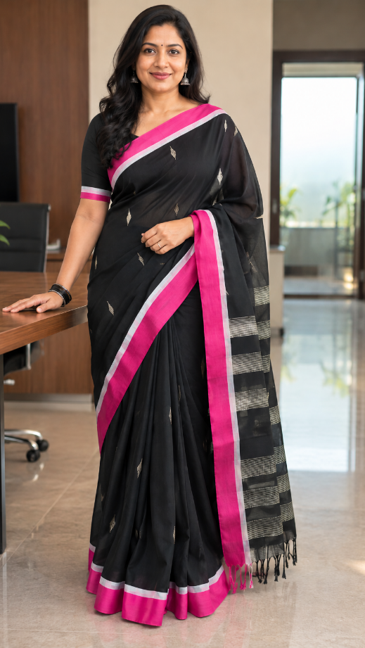 Black Handloom Viscose Cotton Saree with Pink Border