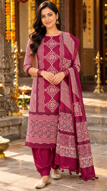Maroon Ajrakh Modal Silk Dress Material with Diamond Medallions and Wave Stripes – Hand-Block Printed in Kutch (3 Piece)