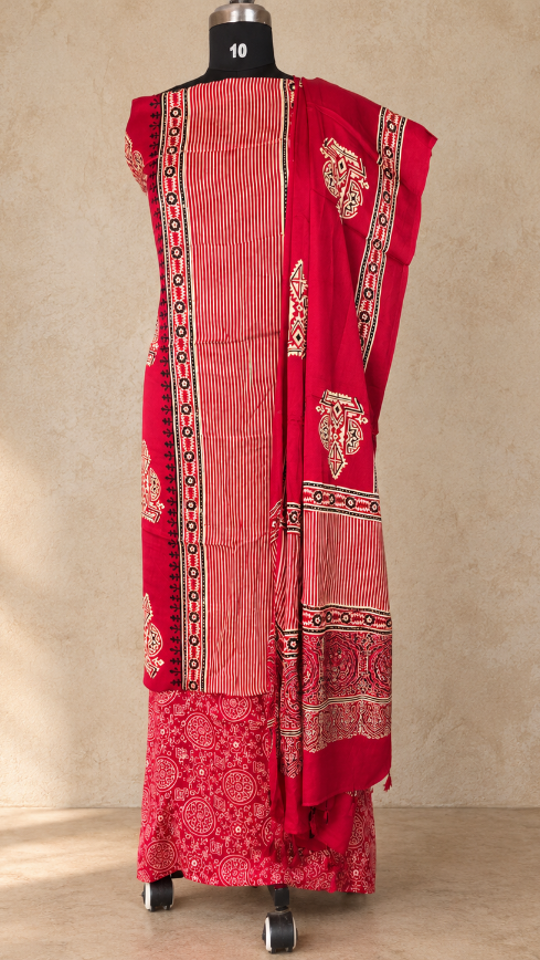 Red Striped Ajrakh Modal Silk Dress Material – Hand-Block Printed in Kutch (3 Piece)