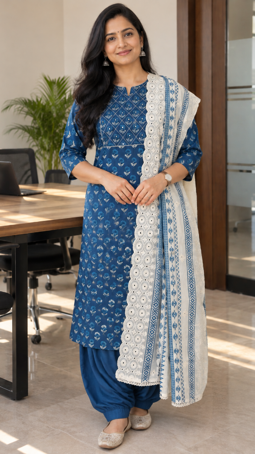 Indigo Blue Hand Block Print Cotton Dress Material with Mirror Work Yoke (3 Piece)