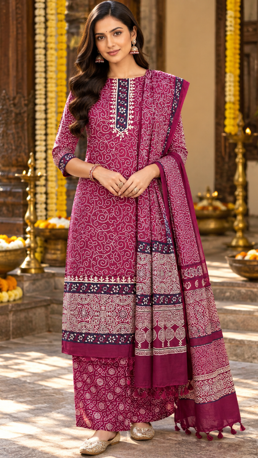 Maroon Ajrakh Modal Silk Dress Material with Dotted Swirl Print and Navy Floral Neckline – Hand-Block Printed in Kutch (3 Piece)