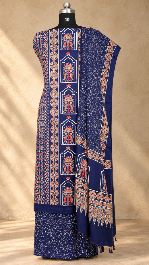 Navy Blue Ajrakh Modal Silk Dress Material with Lotus Arch Print – Hand-Block Printed in Kutch (3 Piece)
