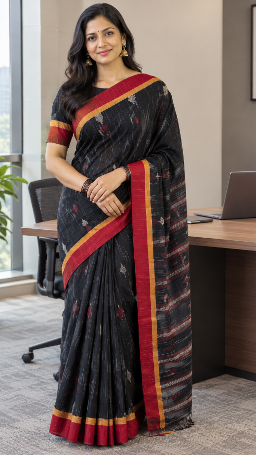 Black Handloom Viscose Cotton Saree with Red Border