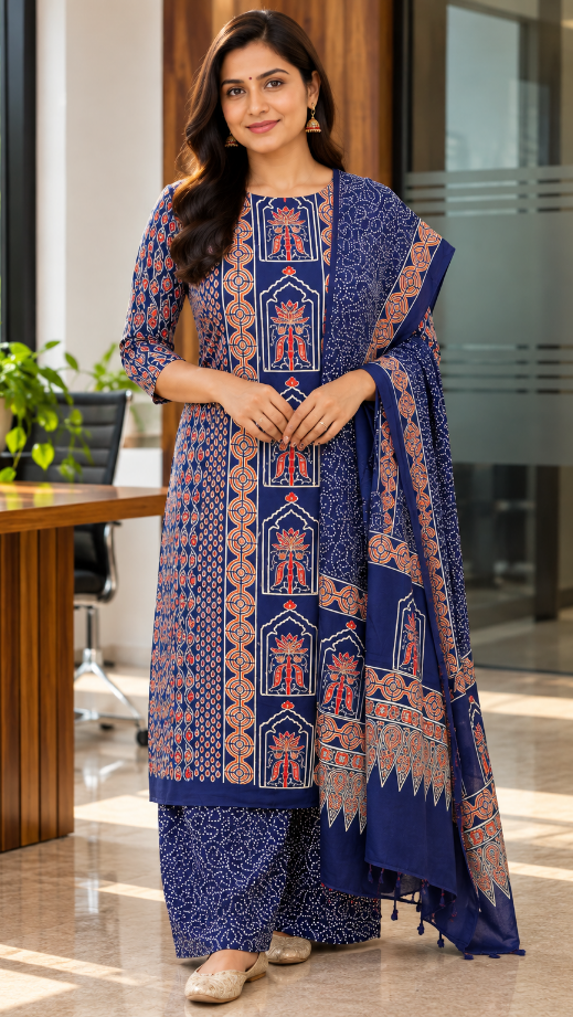 Navy Blue Ajrakh Modal Silk Dress Material with Lotus Arch Print – Hand-Block Printed in Kutch (3 Piece)