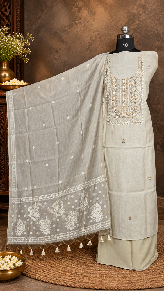 Cream Chanderi Cotton Silk Dress Material with Hand-Embroidered Yoke and Woven Swan Dupatta (3 Piece)