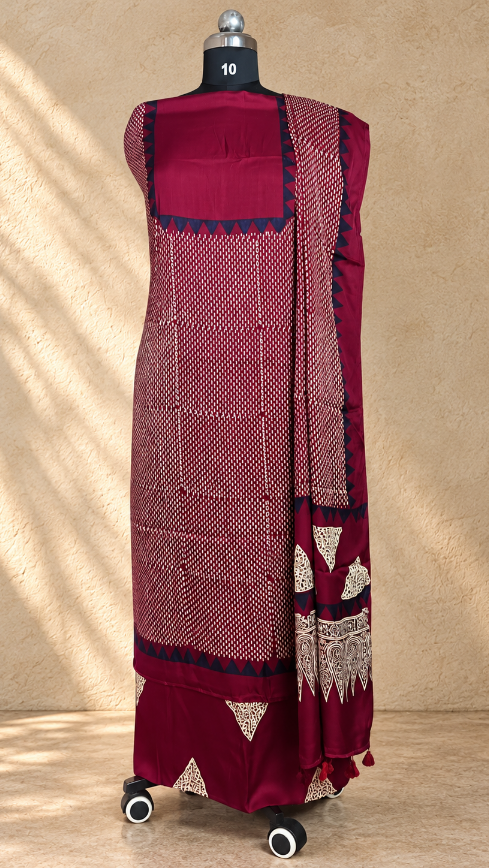 Maroon Ajrakh Modal Silk Dress Material with Rice-Dot Print and Navy Temple Border – Hand-Block Printed in Kutch (3 Piece)