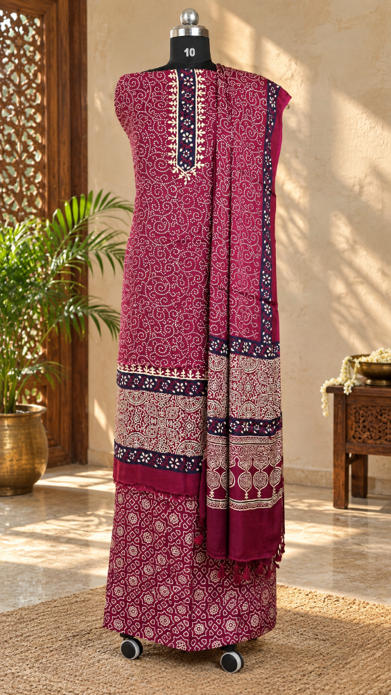 Maroon Ajrakh Modal Silk Dress Material with Dotted Swirl Print and Navy Floral Neckline – Hand-Block Printed in Kutch (3 Piece)