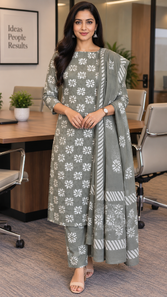 Grey Hakoba Cotton Dress Material with Hand Block Print (3 Piece)