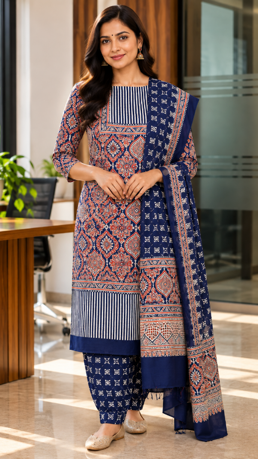 Navy Blue Ajrakh Modal Silk Dress Material with Medallion Jaal and Striped Yoke – Hand-Block Printed in Kutch (3 Piece)