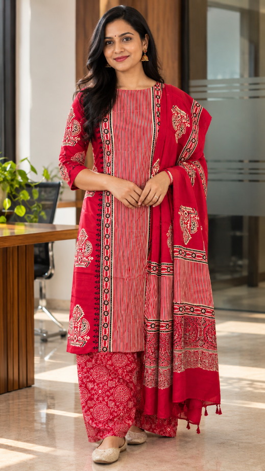 Red Striped Ajrakh Modal Silk Dress Material – Hand-Block Printed in Kutch (3 Piece)