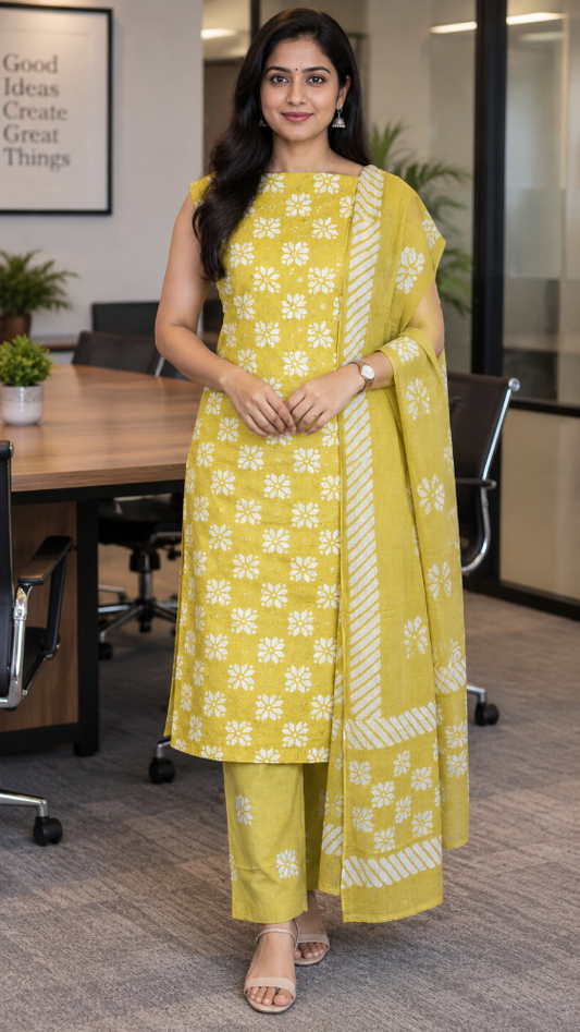 Mustard Yellow Hakoba Cotton Dress Material with Hand Block Print (3 Piece)