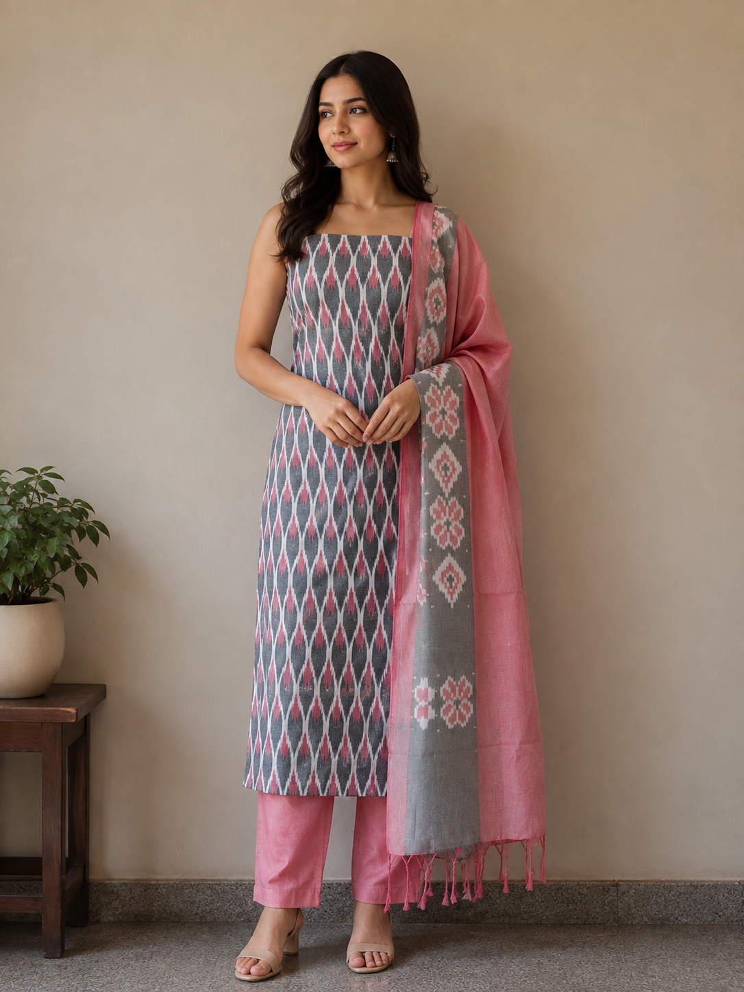 Ikat Grey & Pink salwar Set (2 Piece)