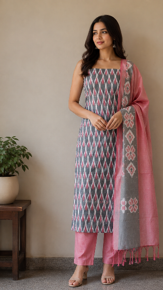 Grey & Pink Handloom Ikat Cotton Dress Material (2 Piece)