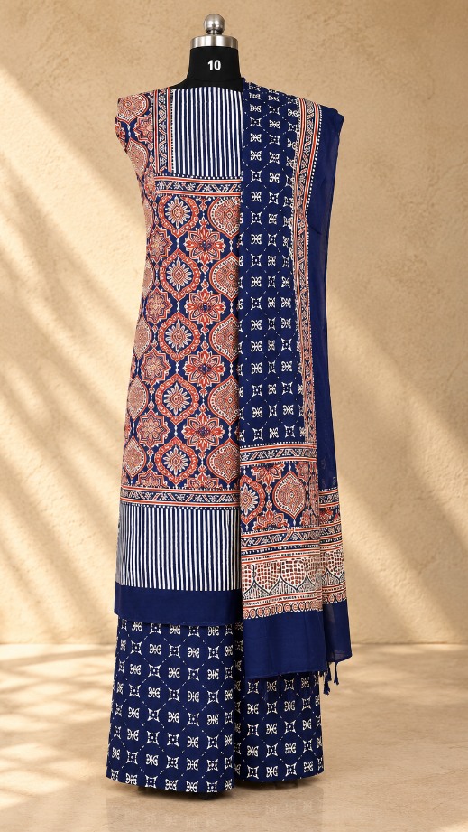 Navy Blue Ajrakh Modal Silk Dress Material with Medallion Jaal and Striped Yoke – Hand-Block Printed in Kutch (3 Piece)