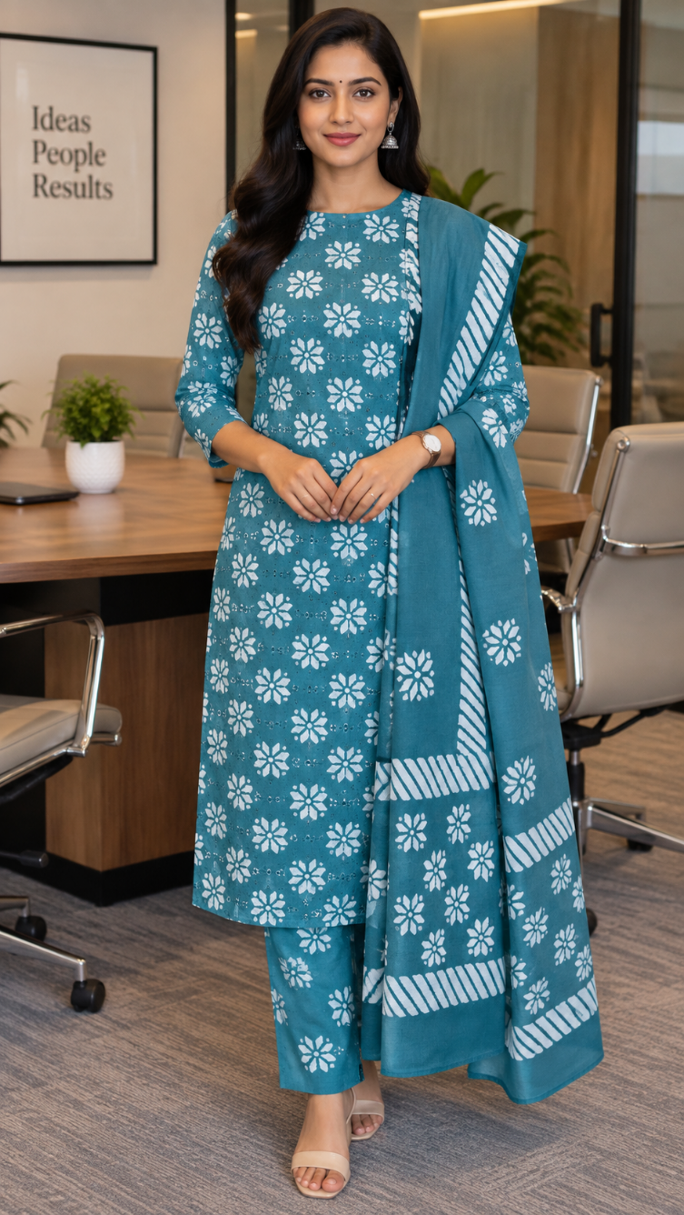 Green Hakoba Cotton Dress Material with Hand Block Print (3 Piece)