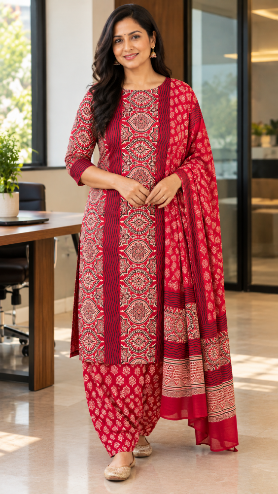 Red Ajrakh Modal Silk Dress Material with Medallion Panel and Leaf Buttas – Hand-Block Printed in Kutch (3 Piece)