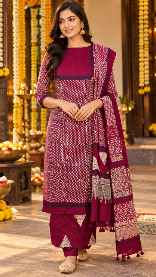 Maroon Ajrakh Modal Silk Dress Material with Rice-Dot Print and Navy Temple Border – Hand-Block Printed in Kutch (3 Piece)