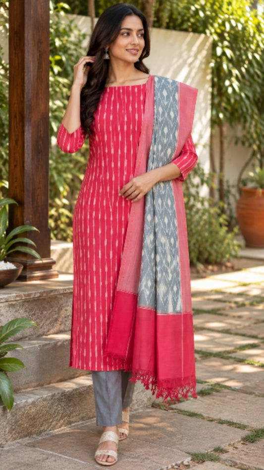 Red & Grey Handloom Ikat Cotton Dress Material (2 Piece)