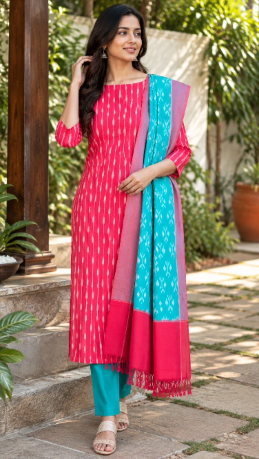 Red & Teal Handloom Ikat Cotton Dress Material (2 Piece)